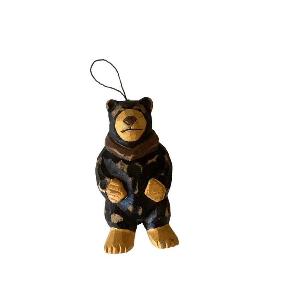 Hand Carved Wooden Bear Christmas Tree Ornament
